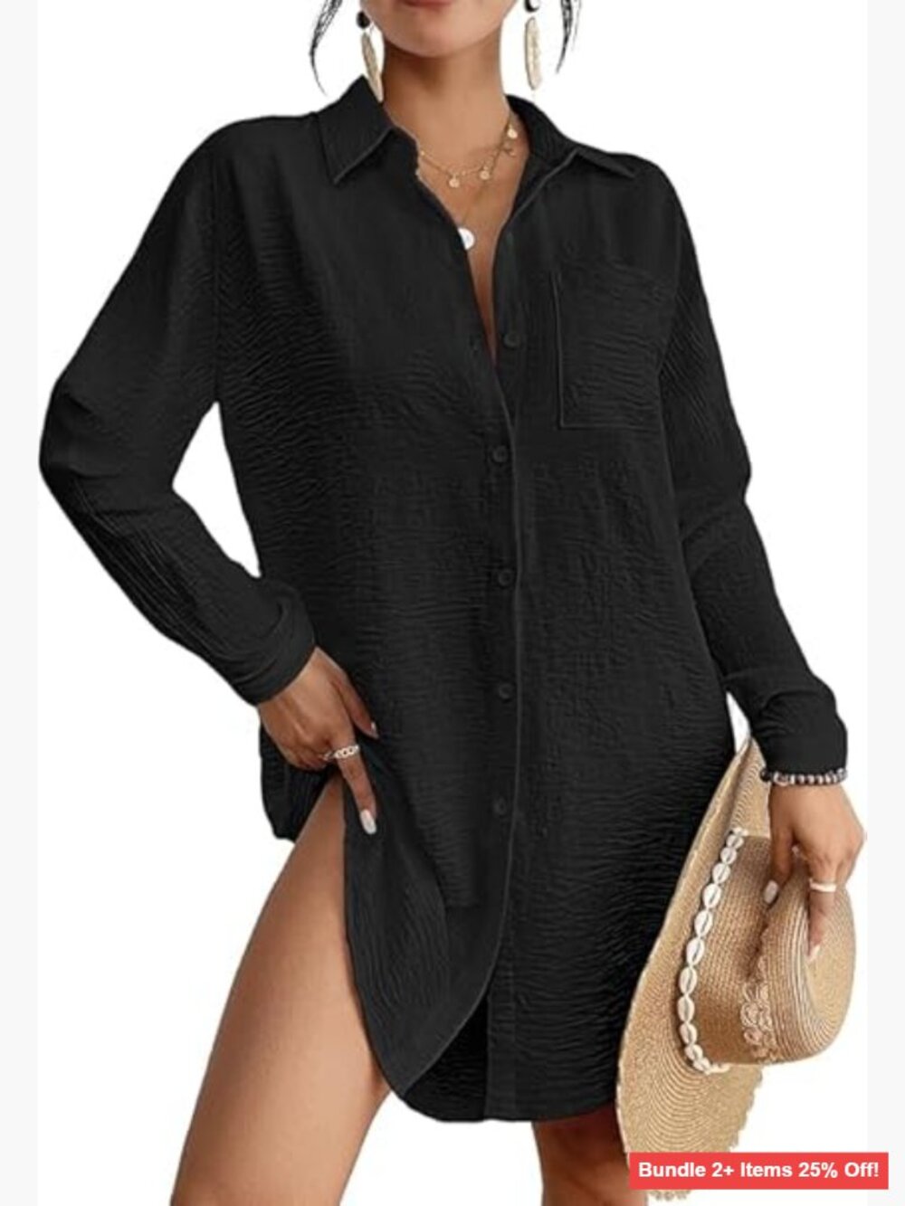 Long Sleeve Button Down Coverup Dress for Beach and Casual Wear